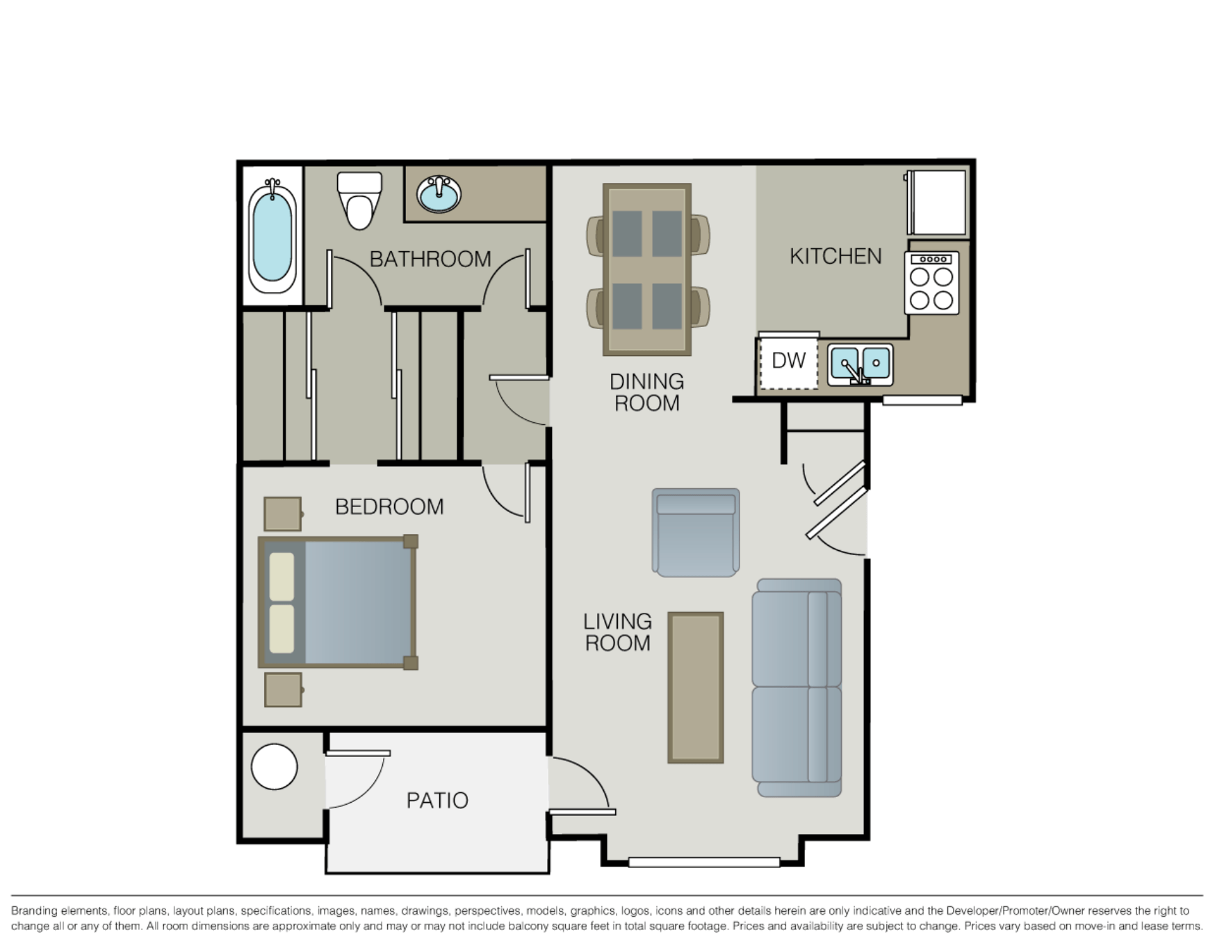 Floor plan for 1 bed, 1 bath, 590 sqft